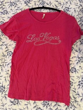 Hot Pink Short Sleeve Tee with Rhinestone "Las Vegas" Logo